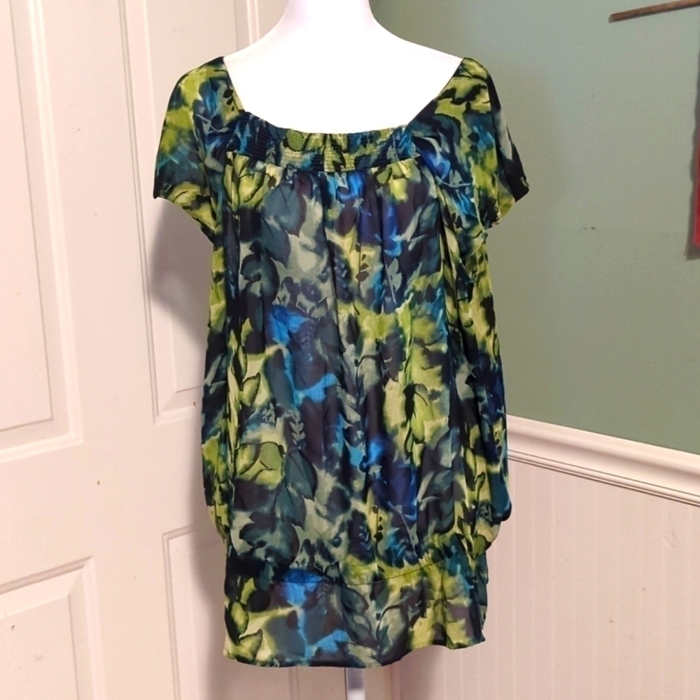 A.N.A. lightweight summer floral top shirt semi sheer square neck XL